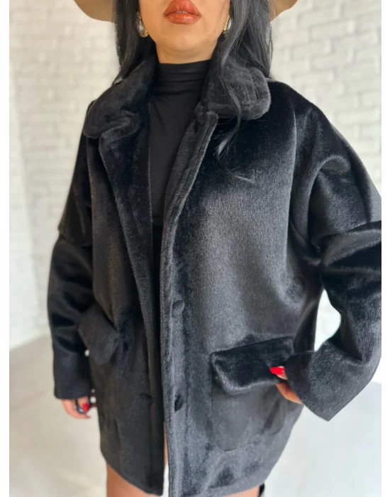 Kadın Çift Kapaklı Fox Kumaş Kürk Kaban