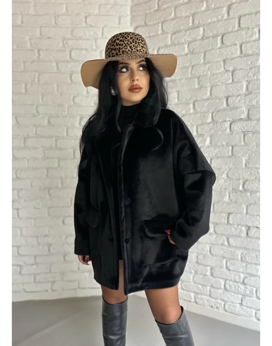 Kadın Çift Kapaklı Fox Kumaş Kürk Kaban