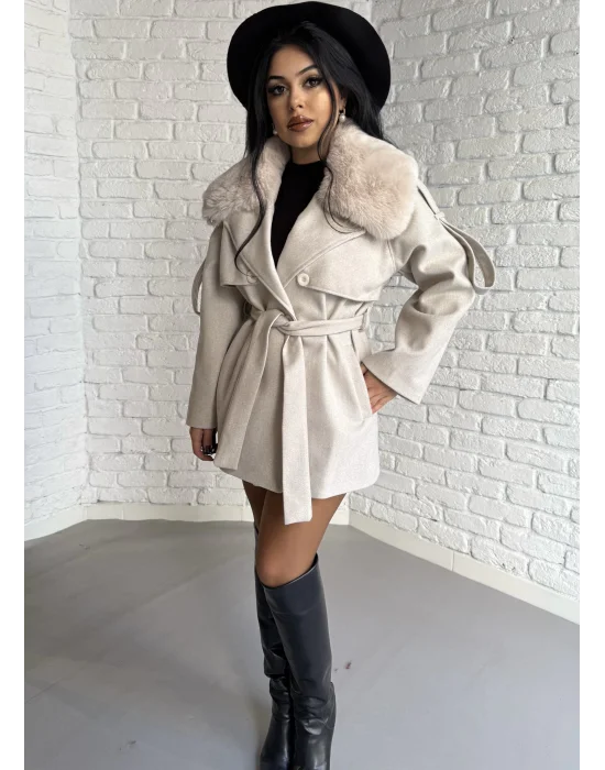 Kadın Çıkarılabilir Kürk Yaka Kaşe Kaban