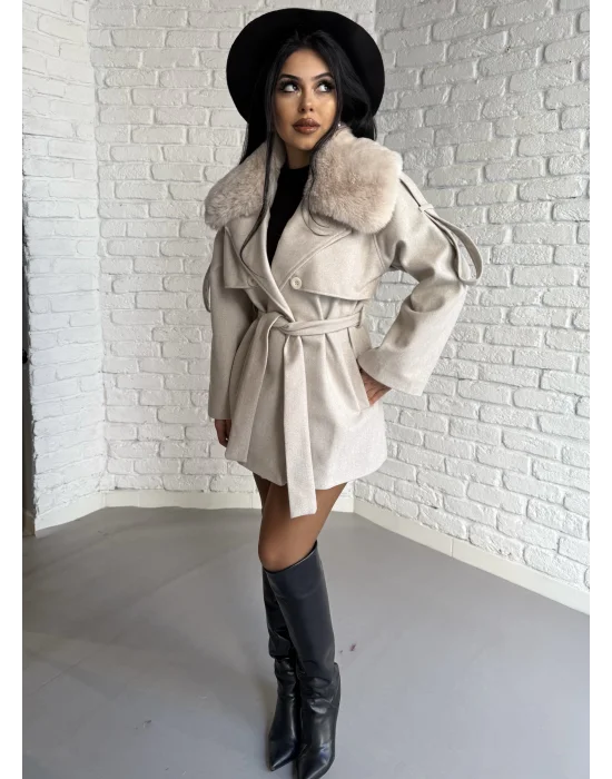 Kadın Çıkarılabilir Kürk Yaka Kaşe Kaban