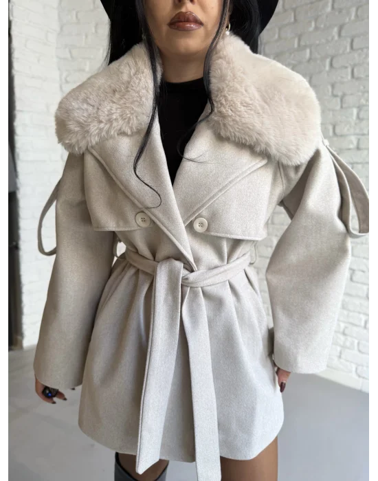 Kadın Çıkarılabilir Kürk Yaka Kaşe Kaban