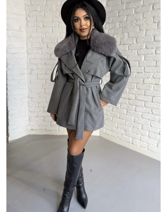 Kadın Çıkarılabilir Kürk Yaka Kaşe Kaban