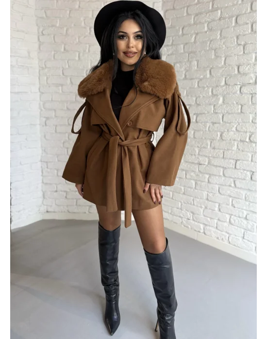 Kadın Çıkarılabilir Kürk Yaka Kaşe Kaban