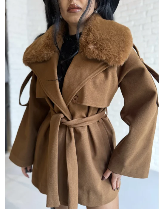 Kadın Çıkarılabilir Kürk Yaka Kaşe Kaban