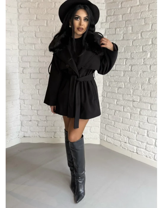 Kadın Çıkarılabilir Kürk Yaka Kaşe Kaban