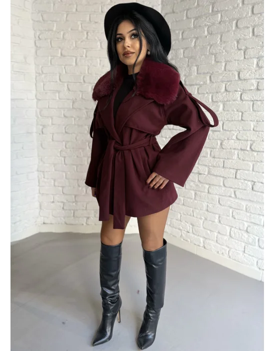 Kadın Çıkarılabilir Kürk Yaka Kaşe Kaban