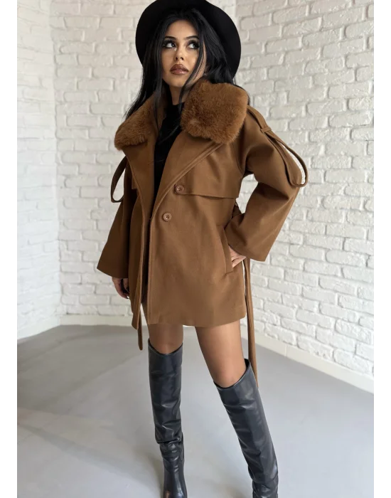 Kadın Çıkarılabilir Kürk Yaka Kaşe Kaban