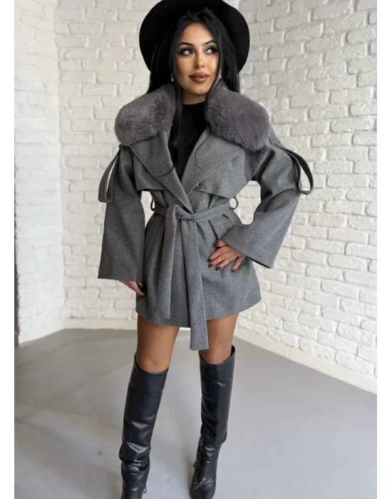 Kadın Çıkarılabilir Kürk Yaka Kaşe Kaban