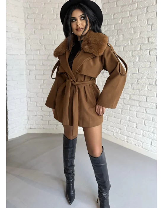 Kadın Çıkarılabilir Kürk Yaka Kaşe Kaban