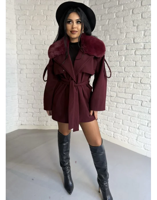 Kadın Çıkarılabilir Kürk Yaka Kaşe Kaban