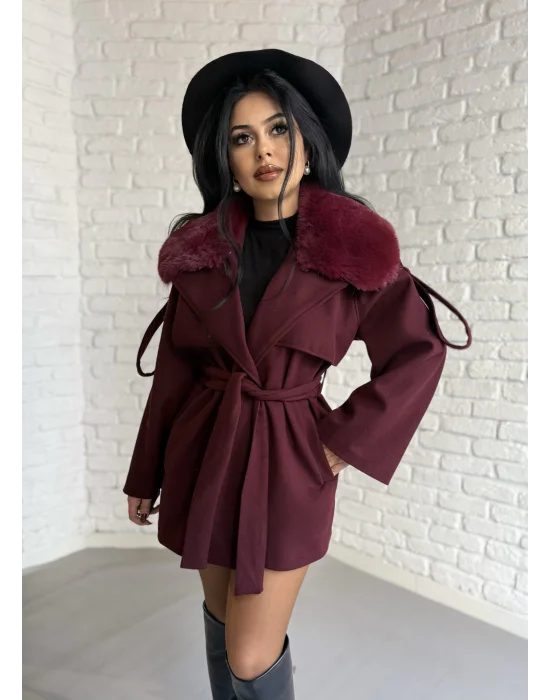 Kadın Çıkarılabilir Kürk Yaka Kaşe Kaban