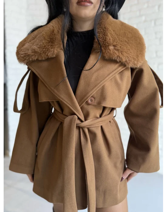 Kadın Çıkarılabilir Kürk Yaka Kaşe Kaban