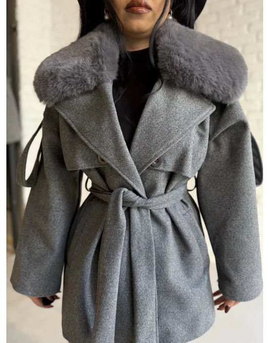 Kadın Çıkarılabilir Kürk Yaka Kaşe Kaban