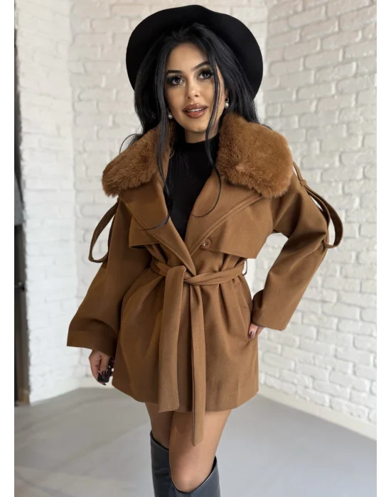 Kadın Çıkarılabilir Kürk Yaka Kaşe Kaban