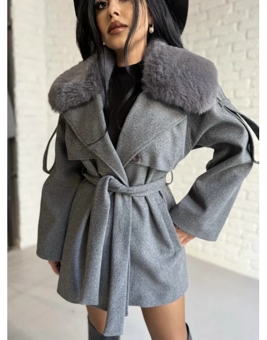 Kadın Çıkarılabilir Kürk Yaka Kaşe Kaban