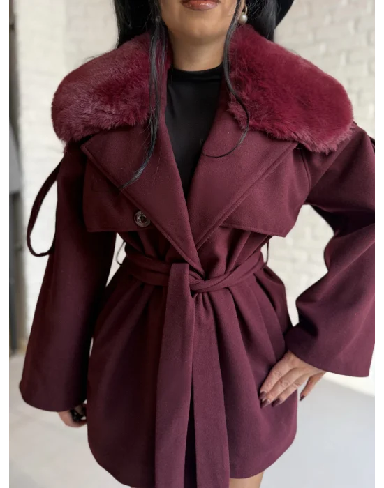 Kadın Çıkarılabilir Kürk Yaka Kaşe Kaban