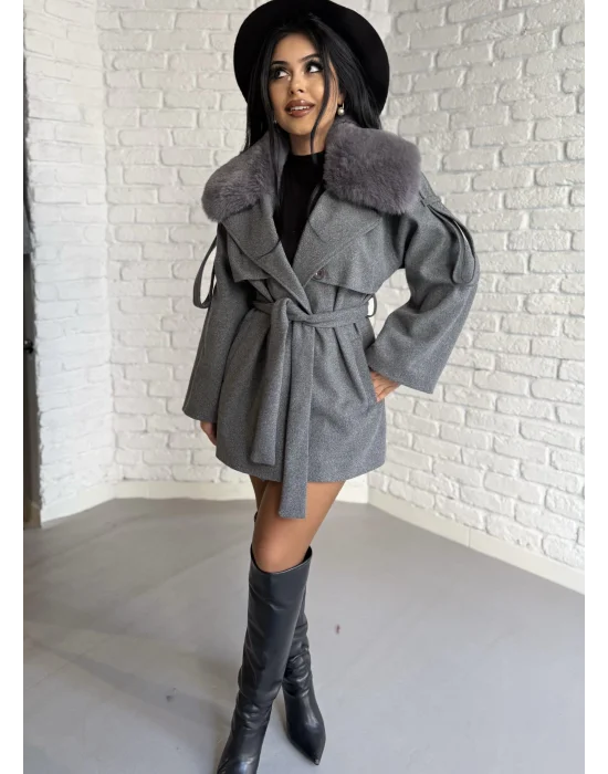 Kadın Çıkarılabilir Kürk Yaka Kaşe Kaban