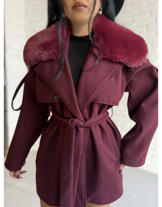 Kadın Çıkarılabilir Kürk Yaka Kaşe Kaban