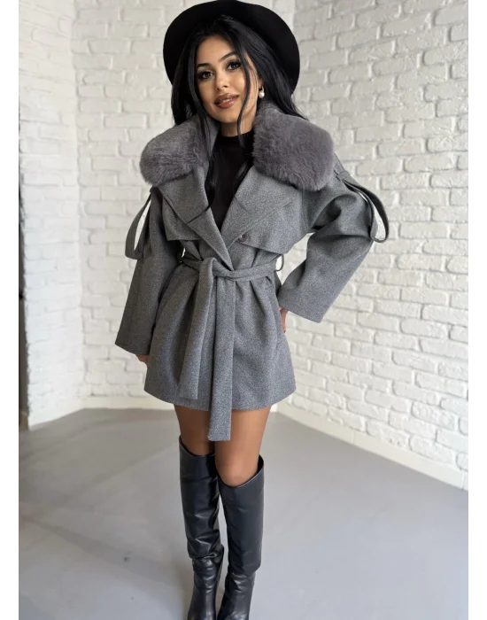 Kadın Çıkarılabilir Kürk Yaka Kaşe Kaban