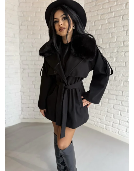 Kadın Çıkarılabilir Kürk Yaka Kaşe Kaban