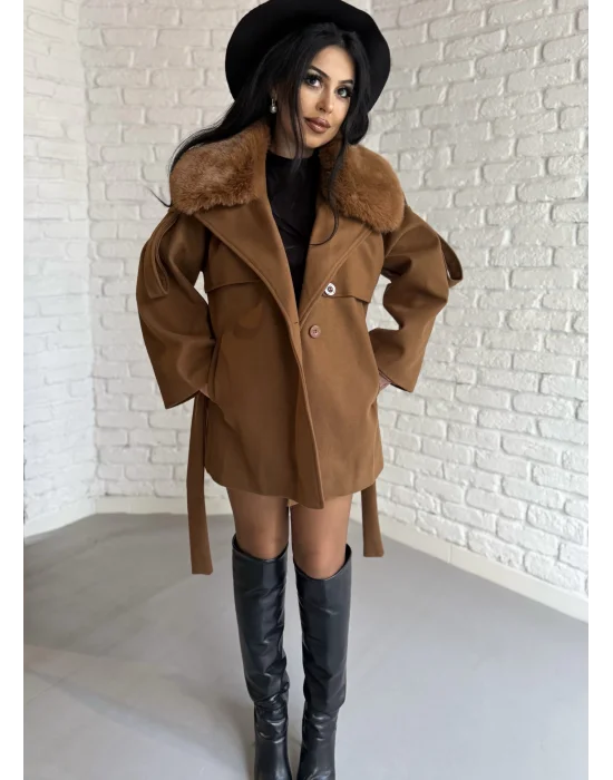 Kadın Çıkarılabilir Kürk Yaka Kaşe Kaban