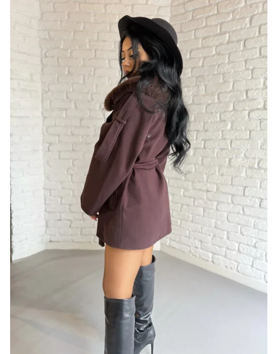 Kadın Çıkarılabilir Kürk Yaka Kaşe Kaban