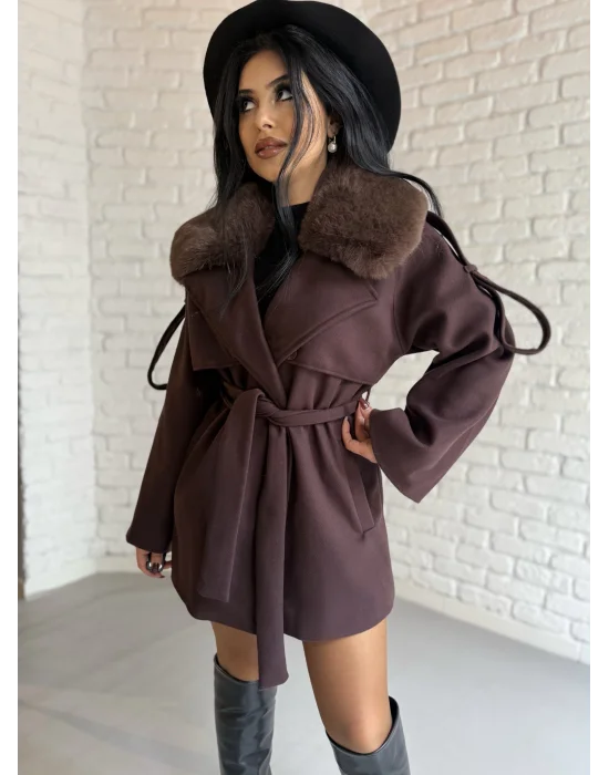 Kadın Çıkarılabilir Kürk Yaka Kaşe Kaban