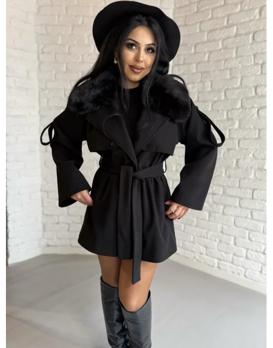 Kadın Çıkarılabilir Kürk Yaka Kaşe Kaban