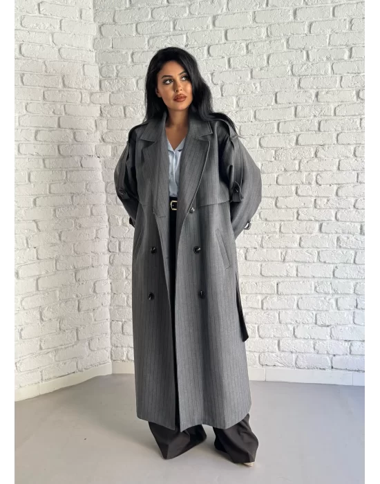 Kadın Çizgili Oversize Kalıp Uzun Trençkot