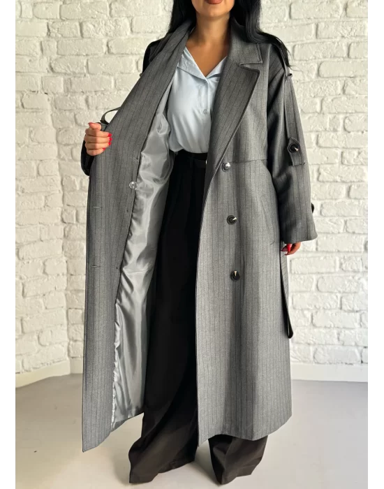 Kadın Çizgili Oversize Kalıp Uzun Trençkot