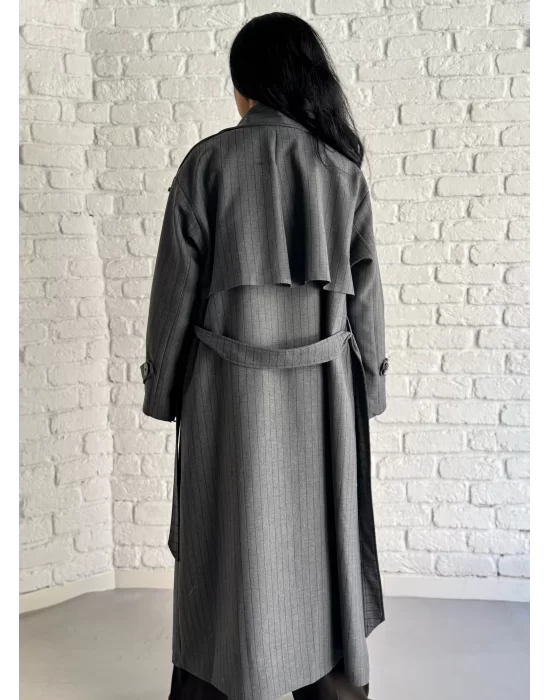 Kadın Çizgili Oversize Kalıp Uzun Trençkot
