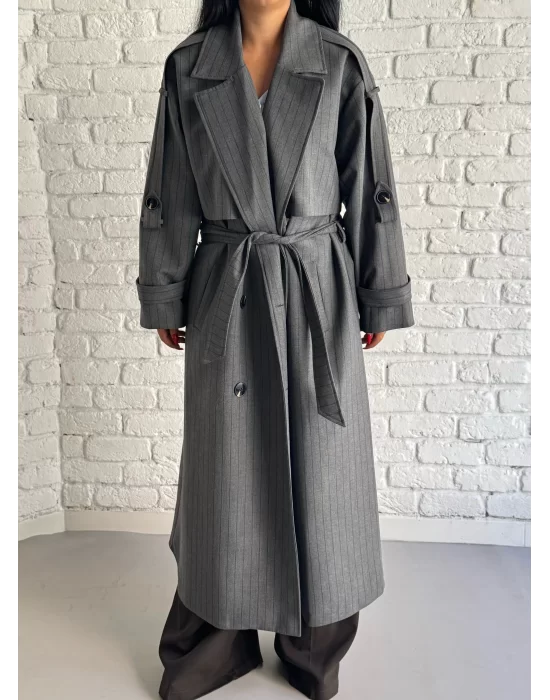 Kadın Çizgili Oversize Kalıp Uzun Trençkot