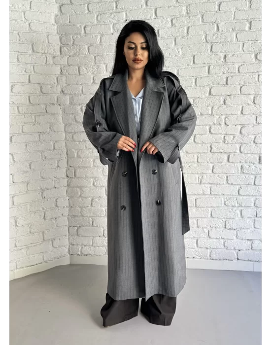 Kadın Çizgili Oversize Kalıp Uzun Trençkot
