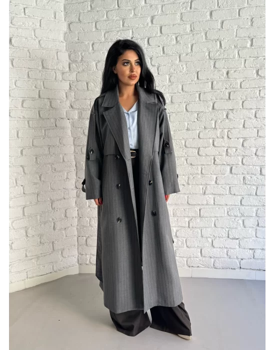 Kadın Çizgili Oversize Kalıp Uzun Trençkot