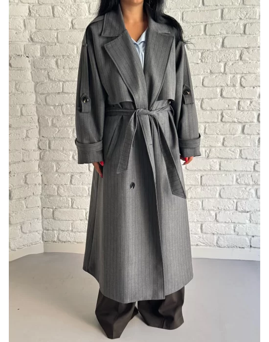 Kadın Çizgili Oversize Kalıp Uzun Trençkot