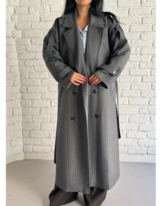 Kadın Çizgili Oversize Kalıp Uzun Trençkot