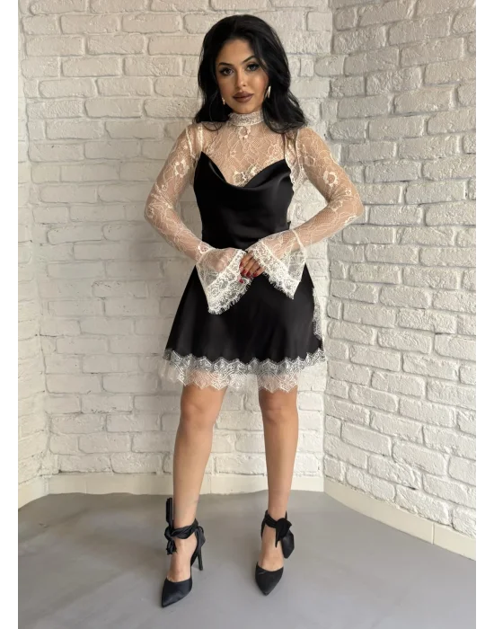 Kadın Dantel Detaylı Saten Viral Elbise