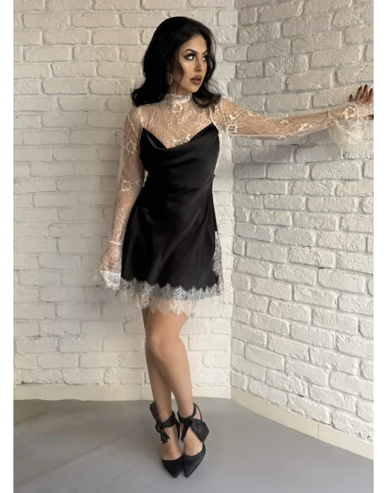 Kadın Dantel Detaylı Saten Viral Elbise