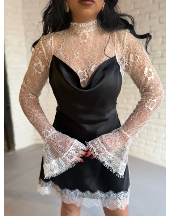 Kadın Dantel Detaylı Saten Viral Elbise