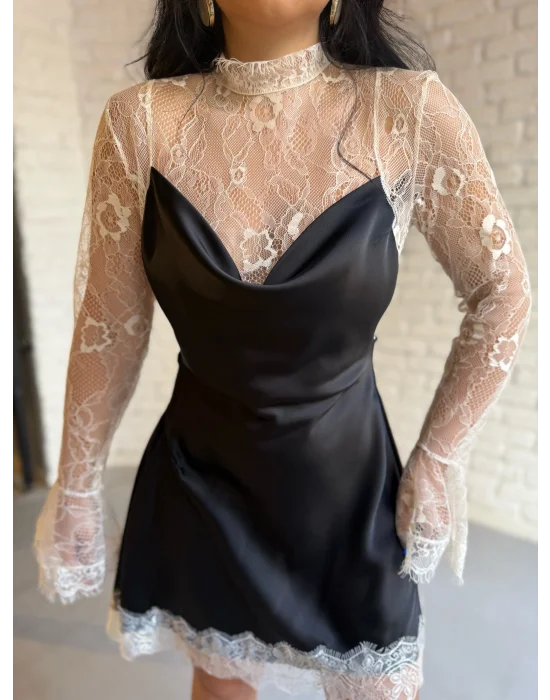 Kadın Dantel Detaylı Saten Viral Elbise