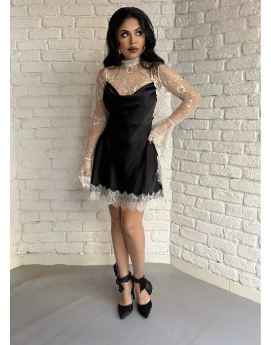 Kadın Dantel Detaylı Saten Viral Elbise