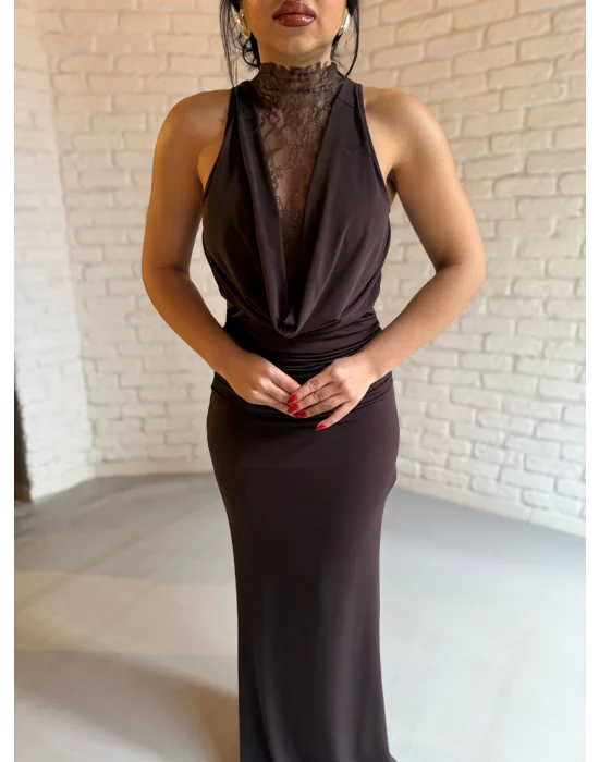 Kadın Dantel Göğüs Ve Sırt Dekoltesi Drapeli Elbise