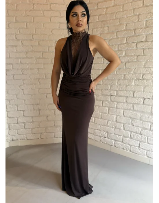 Kadın Dantel Göğüs Ve Sırt Dekoltesi Drapeli Elbise