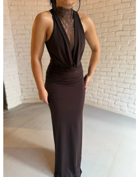 Kadın Dantel Göğüs Ve Sırt Dekoltesi Drapeli Elbise