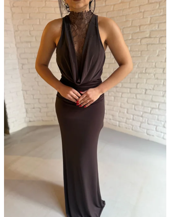 Kadın Dantel Göğüs Ve Sırt Dekoltesi Drapeli Elbise