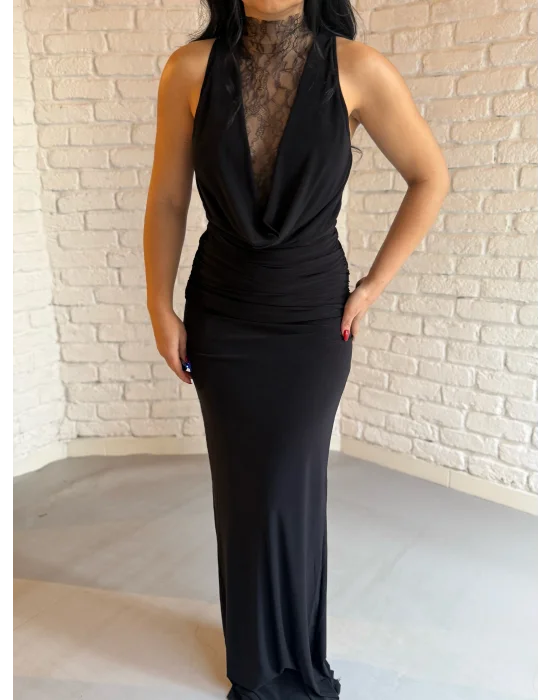 Kadın Dantel Göğüs Ve Sırt Dekoltesi Drapeli Elbise