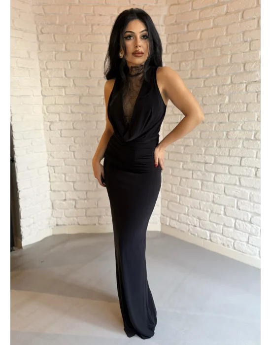 Kadın Dantel Göğüs Ve Sırt Dekoltesi Drapeli Elbise