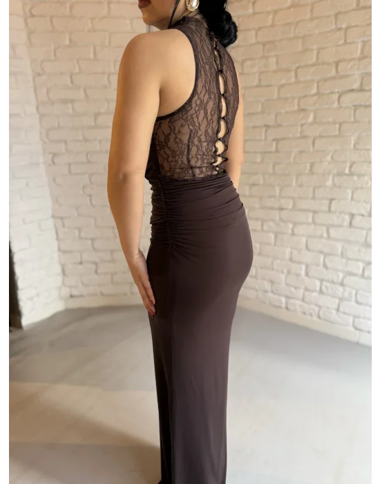 Kadın Dantel Göğüs Ve Sırt Dekoltesi Drapeli Elbise