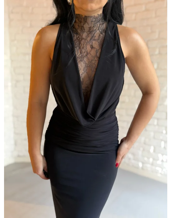 Kadın Dantel Göğüs Ve Sırt Dekoltesi Drapeli Elbise