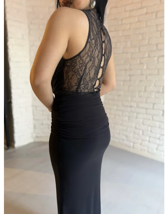 Kadın Dantel Göğüs Ve Sırt Dekoltesi Drapeli Elbise